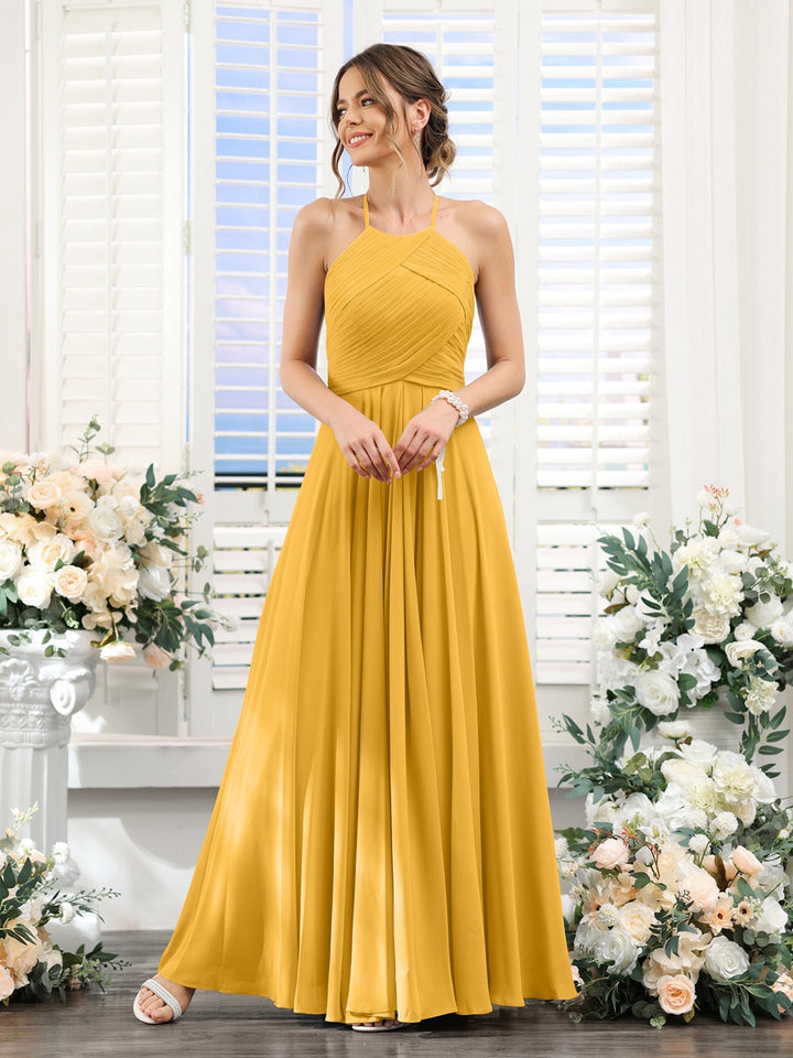 Ligne A/Princesse Licou Sans Manches La Longueur du Sol Mousseline Robes de Demoiselle d'Honneur avec Ruché