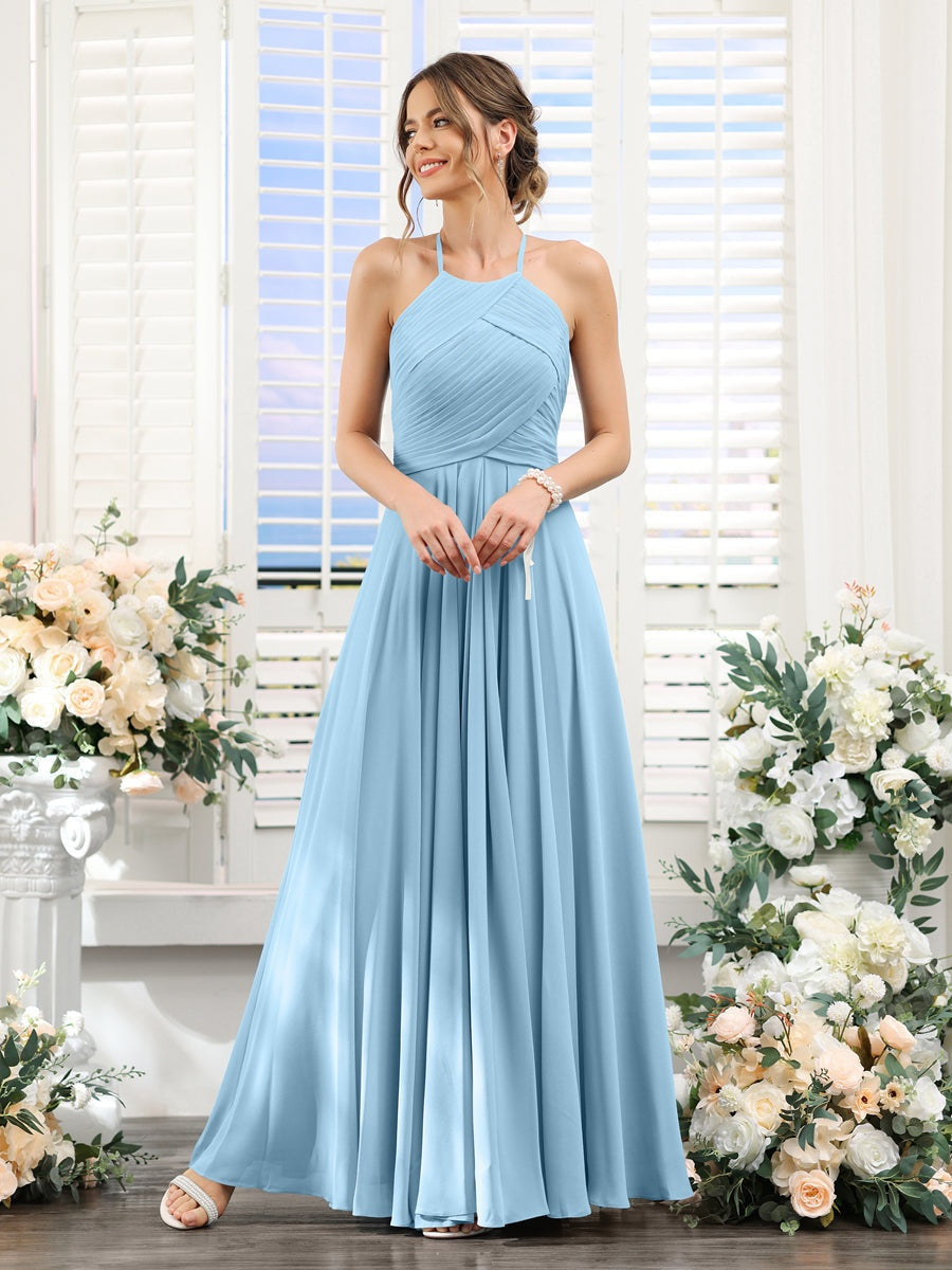 Ligne A/Princesse Licou Sans Manches La Longueur du Sol Mousseline Robes de Demoiselle d'Honneur avec Ruché