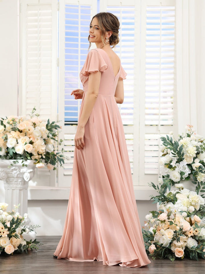 Ligne A/Princesse Col en V Manches Courtes La Longueur du Sol Robes de Demoiselle d'Honneur avec Côté Divisé