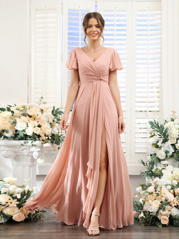 Ligne A/Princesse Col en V Manches Courtes La Longueur du Sol Robes de Demoiselle d'Honneur avec Côté Divisé