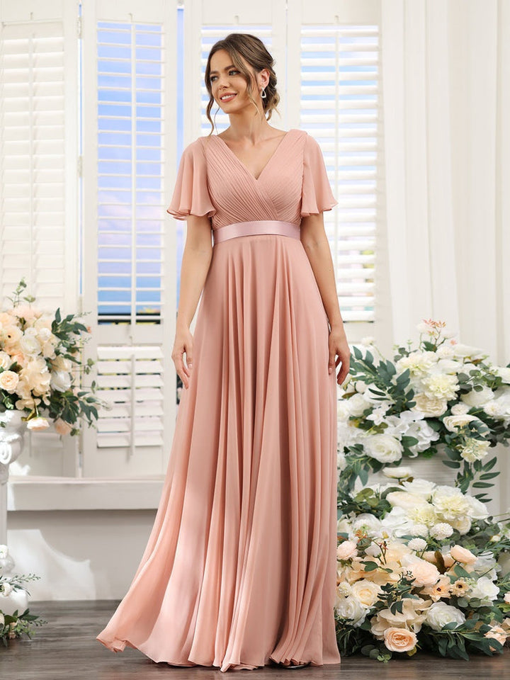 Ligne A/Princesse Col en V Manches Courtes Mousseline Robes de Demoiselle d'Honneur avec Poches