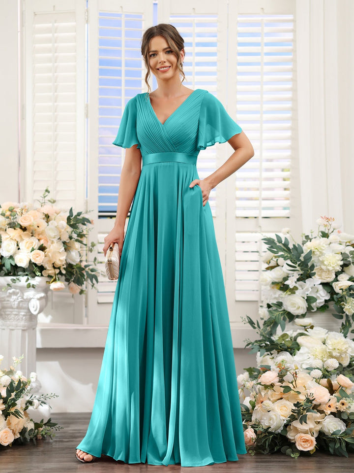 Ligne A/Princesse Col en V Manches Courtes Mousseline Robes de Demoiselle d'Honneur avec Poches