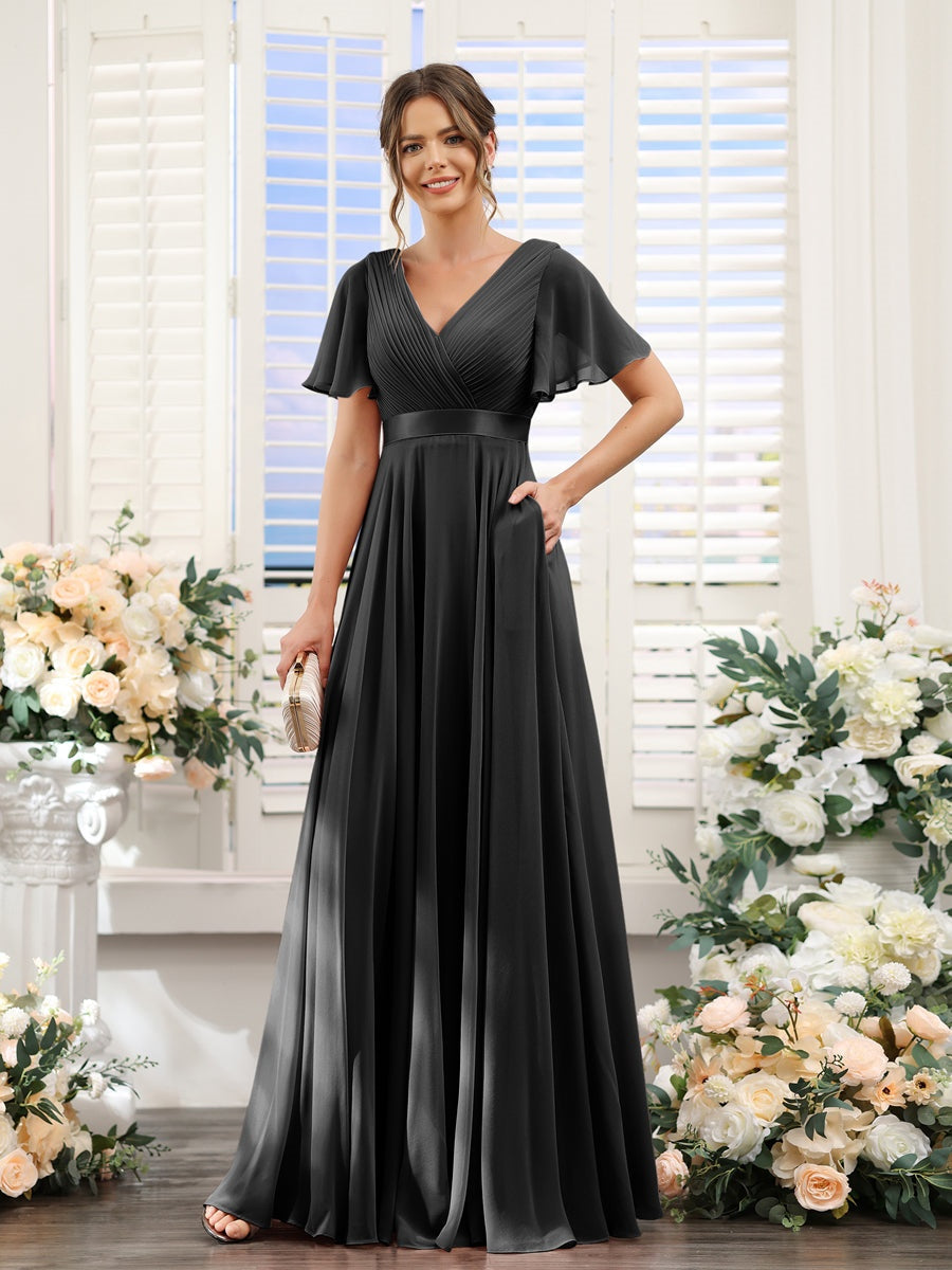 Ligne A/Princesse Col en V Manches Courtes Mousseline Robes de Demoiselle d'Honneur avec Poches