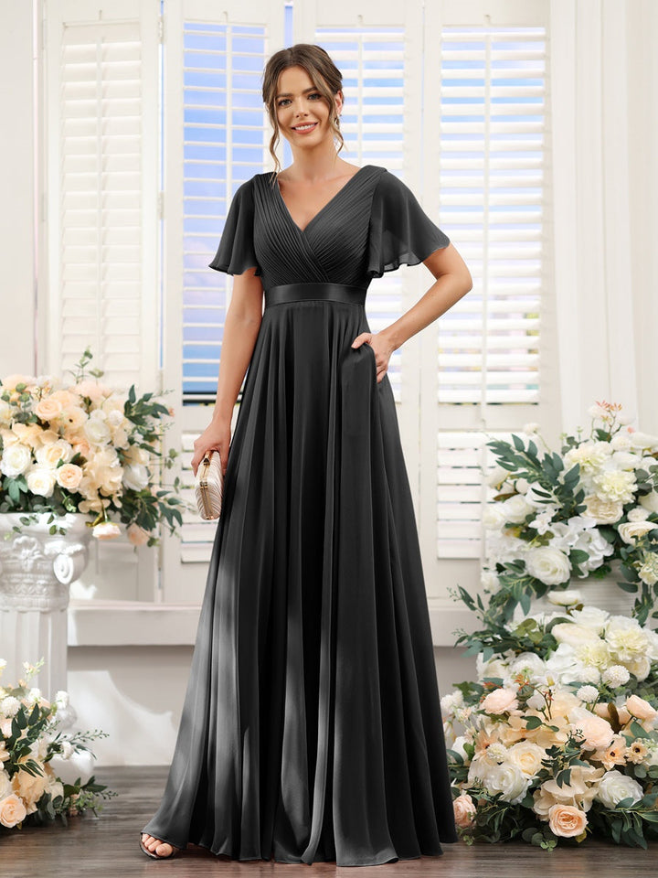 Ligne A/Princesse Col en V Manches Courtes Mousseline Robes de Demoiselle d'Honneur avec Poches