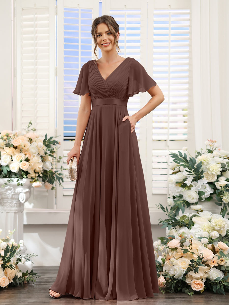 Ligne A/Princesse Col en V Manches Courtes Mousseline Robes de Demoiselle d'Honneur avec Poches