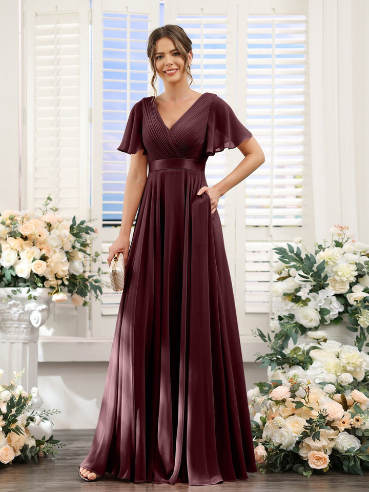 Ligne A/Princesse Col en V Manches Courtes Mousseline Robes de Demoiselle d'Honneur avec Poches