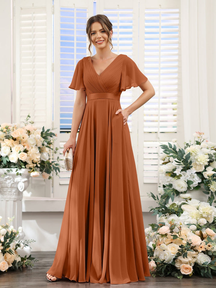 Ligne A/Princesse Col en V Manches Courtes Mousseline Robes de Demoiselle d'Honneur avec Poches