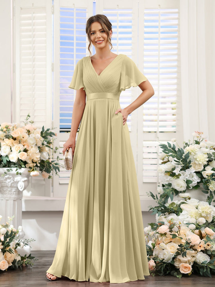 Ligne A/Princesse Col en V Manches Courtes Mousseline Robes de Demoiselle d'Honneur avec Poches