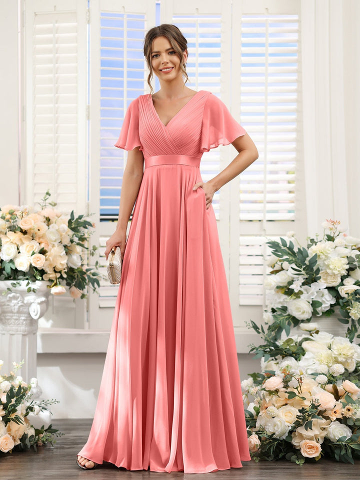 Ligne A/Princesse Col en V Manches Courtes Mousseline Robes de Demoiselle d'Honneur avec Poches