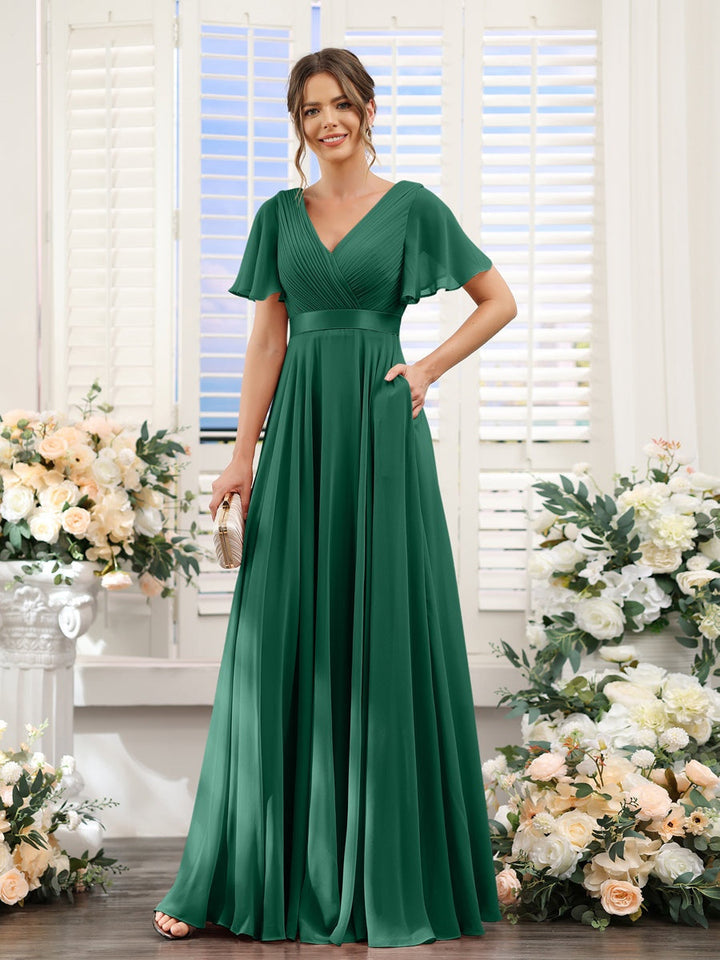 Ligne A/Princesse Col en V Manches Courtes Mousseline Robes de Demoiselle d'Honneur avec Poches