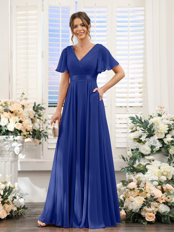 Ligne A/Princesse Col en V Manches Courtes Mousseline Robes de Demoiselle d'Honneur avec Poches