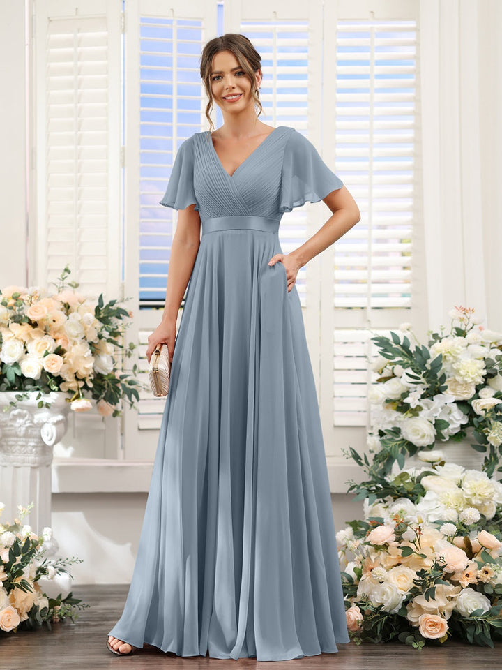 Ligne A/Princesse Col en V Manches Courtes Mousseline Robes de Demoiselle d'Honneur avec Poches
