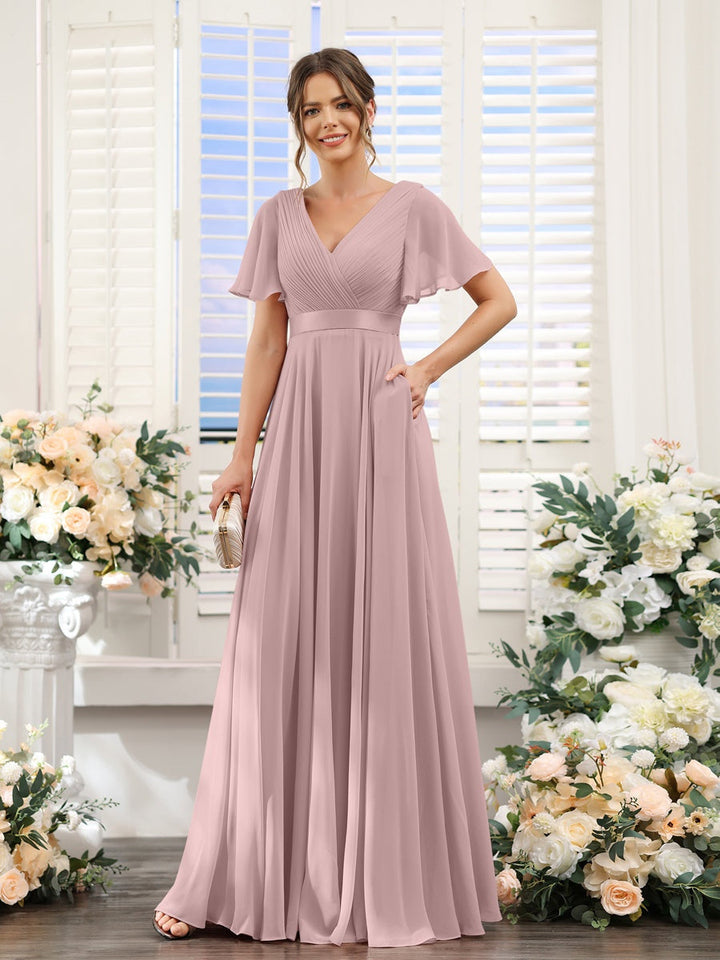 Ligne A/Princesse Col en V Manches Courtes Mousseline Robes de Demoiselle d'Honneur avec Poches