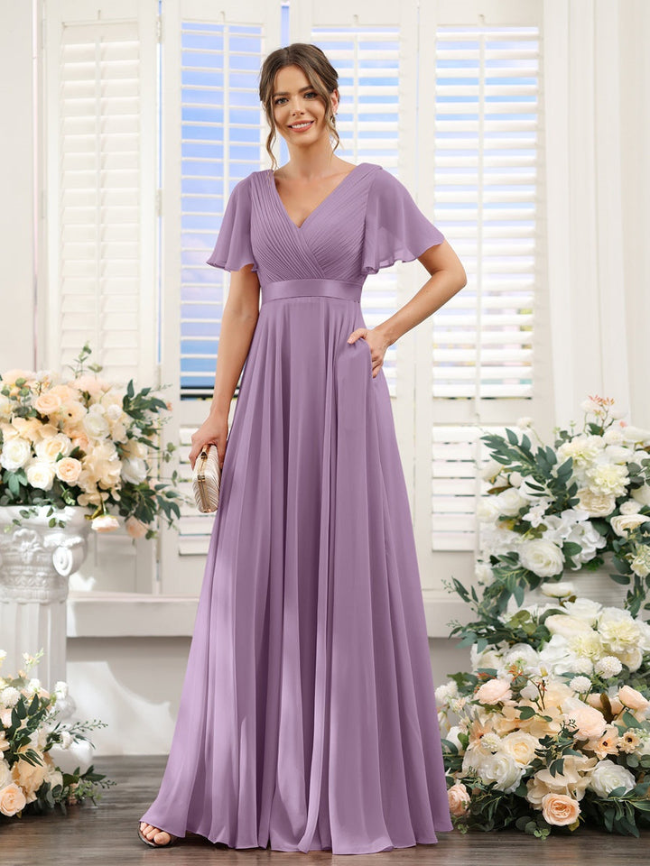 Ligne A/Princesse Col en V Manches Courtes Mousseline Robes de Demoiselle d'Honneur avec Poches
