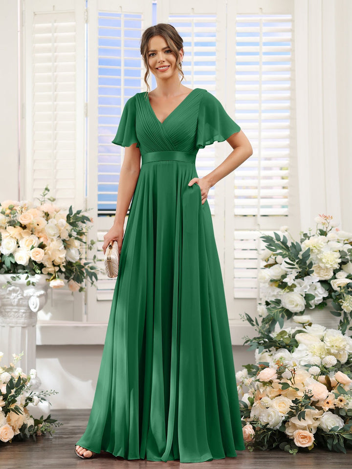 Ligne A/Princesse Col en V Manches Courtes Mousseline Robes de Demoiselle d'Honneur avec Poches
