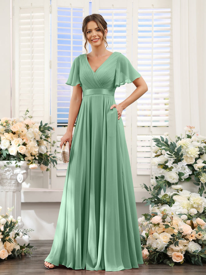 Ligne A/Princesse Col en V Manches Courtes Mousseline Robes de Demoiselle d'Honneur avec Poches