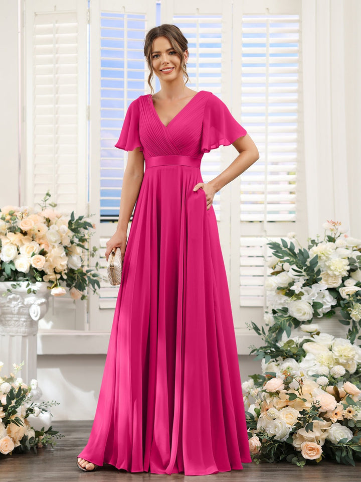 Ligne A/Princesse Col en V Manches Courtes Mousseline Robes de Demoiselle d'Honneur avec Poches