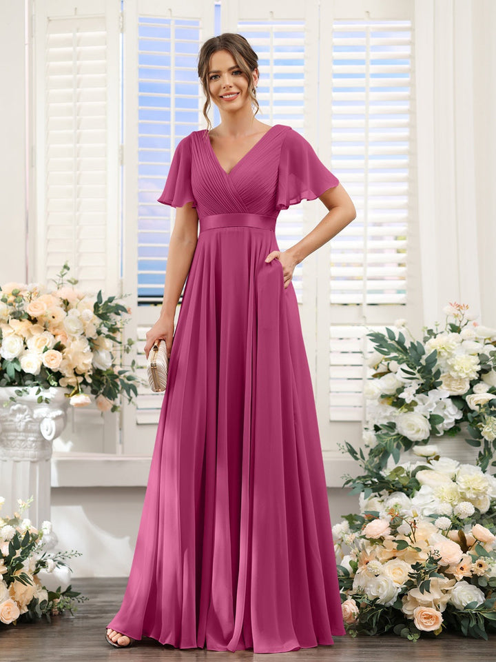 Ligne A/Princesse Col en V Manches Courtes Mousseline Robes de Demoiselle d'Honneur avec Poches