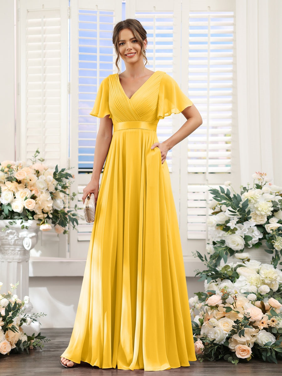 Ligne A/Princesse Col en V Manches Courtes Mousseline Robes de Demoiselle d'Honneur avec Poches