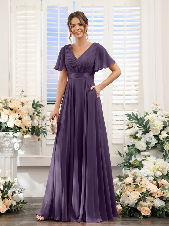 Ligne A/Princesse Col en V Manches Courtes Mousseline Robes de Demoiselle d'Honneur avec Poches