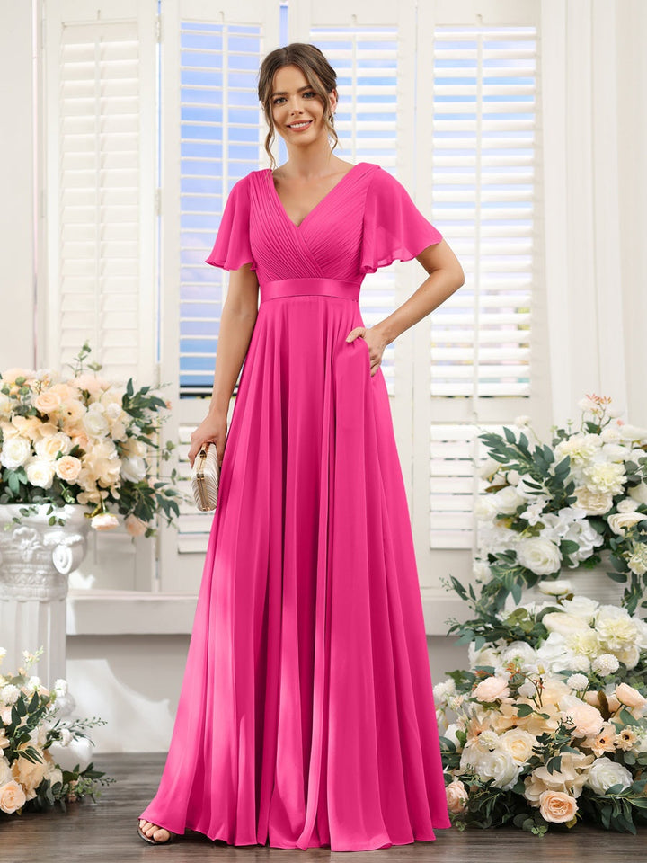 Ligne A/Princesse Col en V Manches Courtes Mousseline Robes de Demoiselle d'Honneur avec Poches