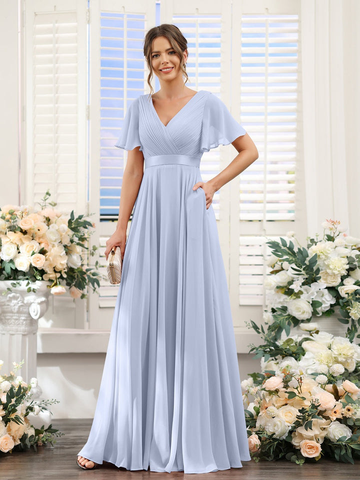 Ligne A/Princesse Col en V Manches Courtes Mousseline Robes de Demoiselle d'Honneur avec Poches