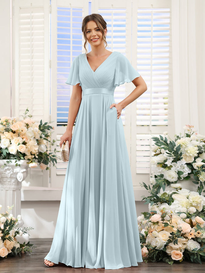 Ligne A/Princesse Col en V Manches Courtes Mousseline Robes de Demoiselle d'Honneur avec Poches