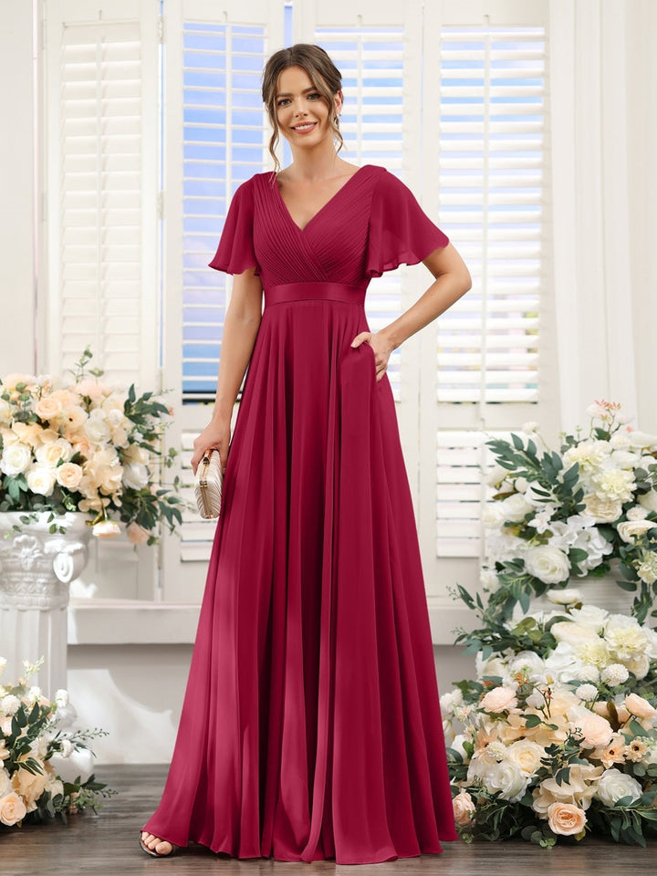 Ligne A/Princesse Col en V Manches Courtes Mousseline Robes de Demoiselle d'Honneur avec Poches