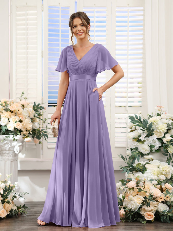 Ligne A/Princesse Col en V Manches Courtes Mousseline Robes de Demoiselle d'Honneur avec Poches