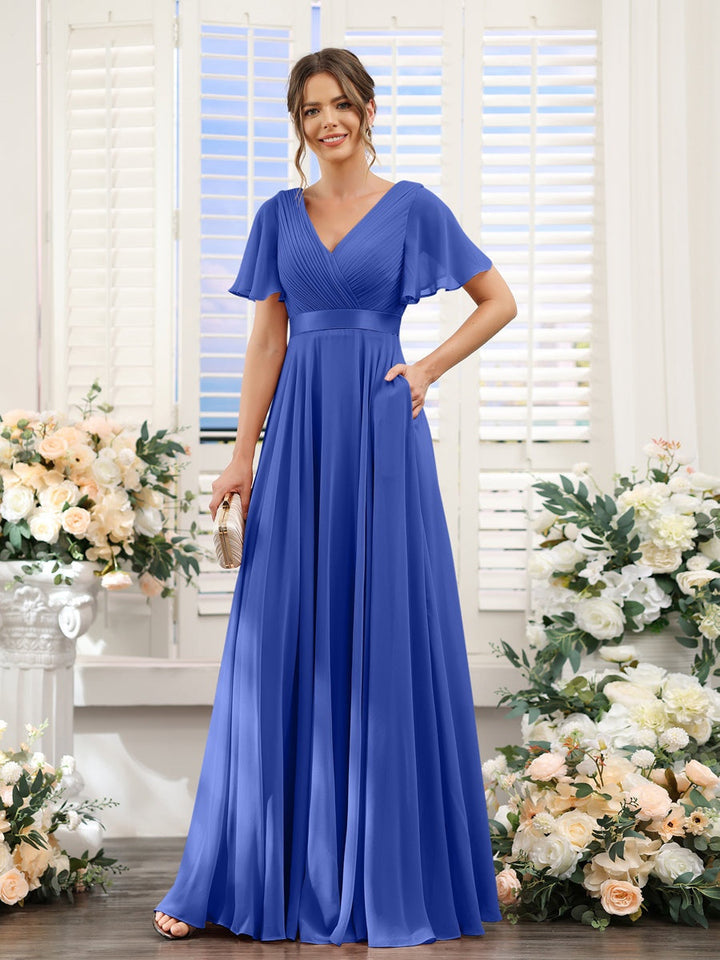 Ligne A/Princesse Col en V Manches Courtes Mousseline Robes de Demoiselle d'Honneur avec Poches