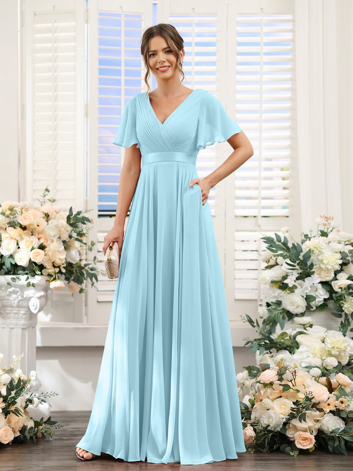 Ligne A/Princesse Col en V Manches Courtes Mousseline Robes de Demoiselle d'Honneur avec Poches