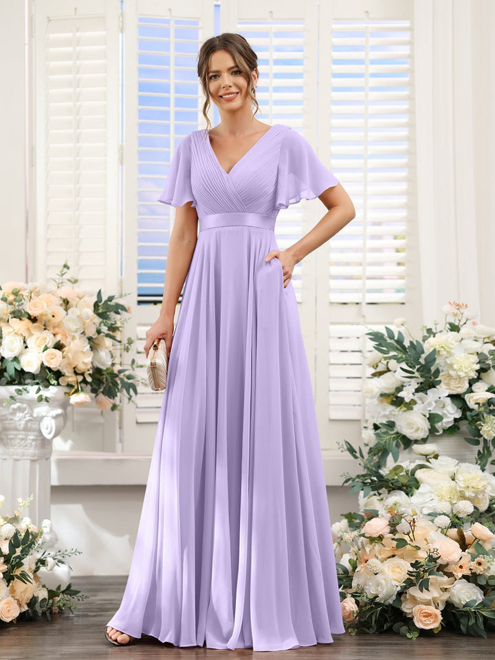 Ligne A/Princesse Col en V Manches Courtes Mousseline Robes de Demoiselle d'Honneur avec Poches
