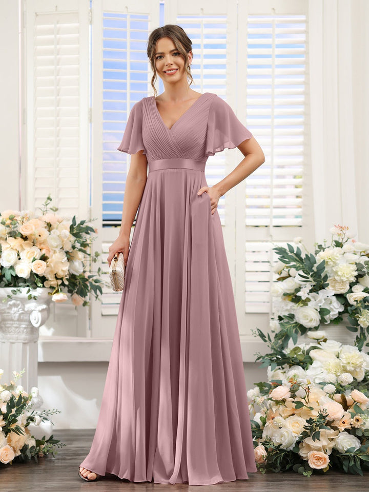 Ligne A/Princesse Col en V Manches Courtes Mousseline Robes de Demoiselle d'Honneur avec Poches