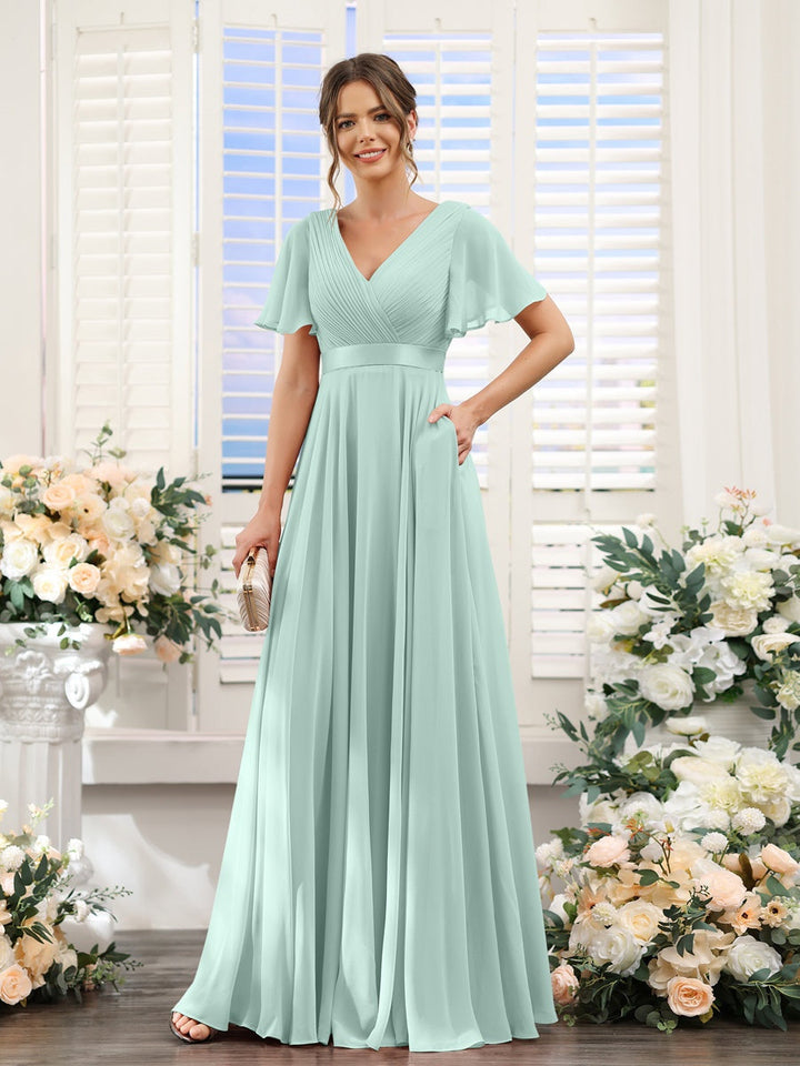 Ligne A/Princesse Col en V Manches Courtes Mousseline Robes de Demoiselle d'Honneur avec Poches