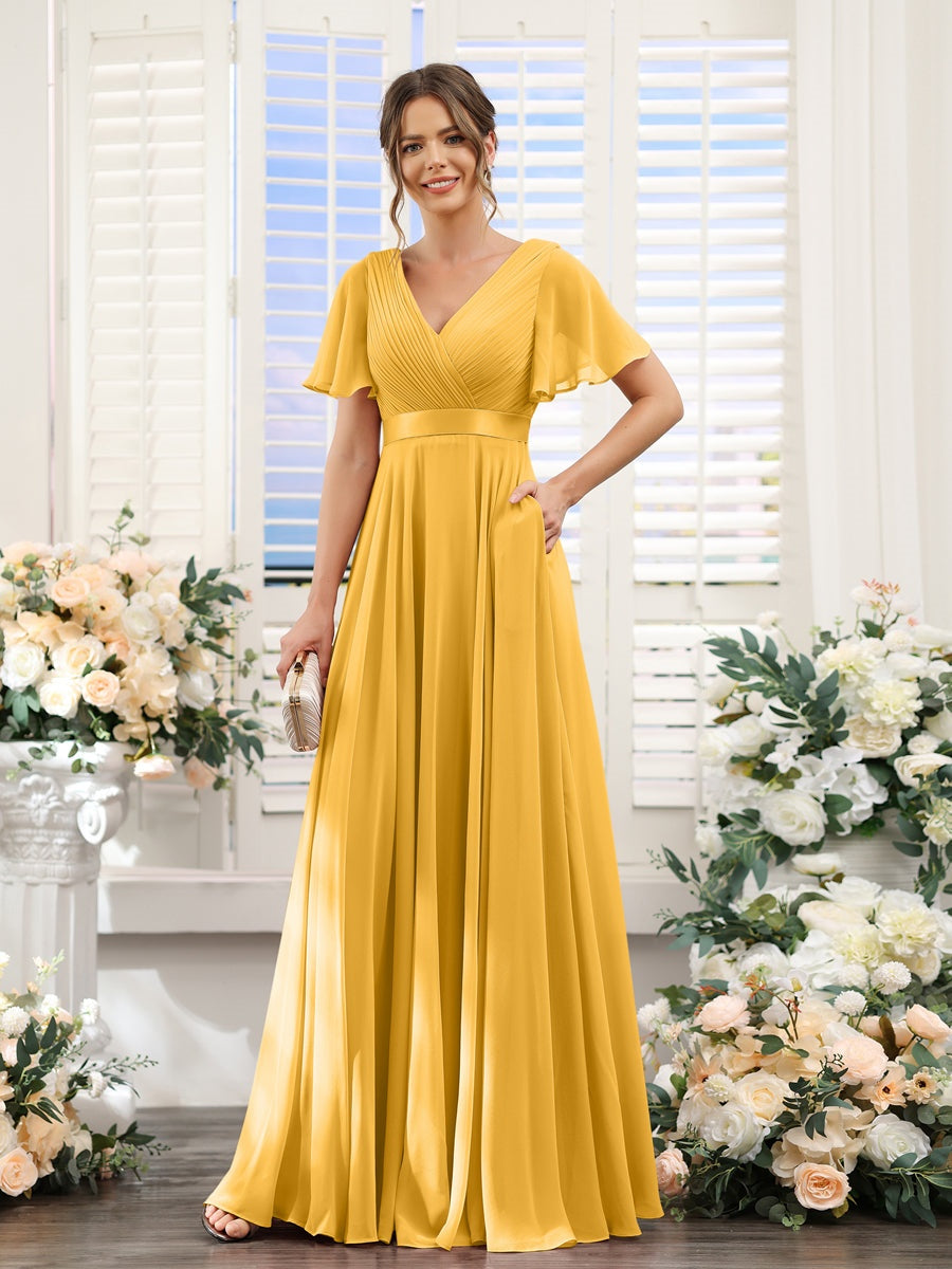 Ligne A/Princesse Col en V Manches Courtes Mousseline Robes de Demoiselle d'Honneur avec Poches