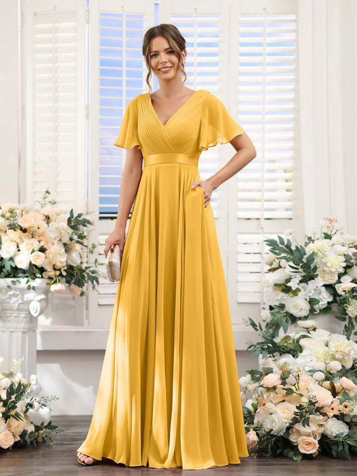 Ligne A/Princesse Col en V Manches Courtes Mousseline Robes de Demoiselle d'Honneur avec Poches