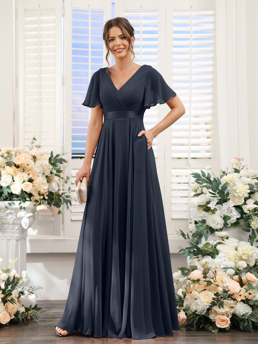 Ligne A/Princesse Col en V Manches Courtes Mousseline Robes de Demoiselle d'Honneur avec Poches