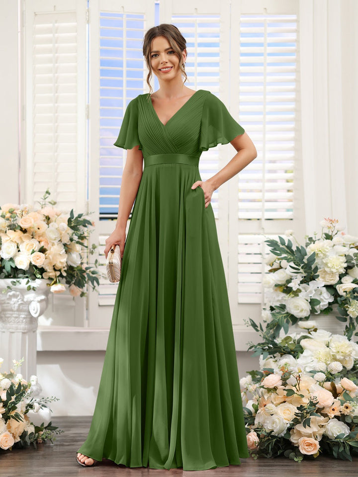 Ligne A/Princesse Col en V Manches Courtes Mousseline Robes de Demoiselle d'Honneur avec Poches
