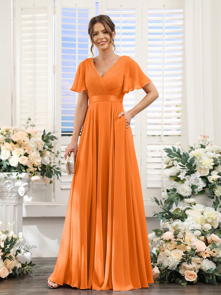 Ligne A/Princesse Col en V Manches Courtes Mousseline Robes de Demoiselle d'Honneur avec Poches