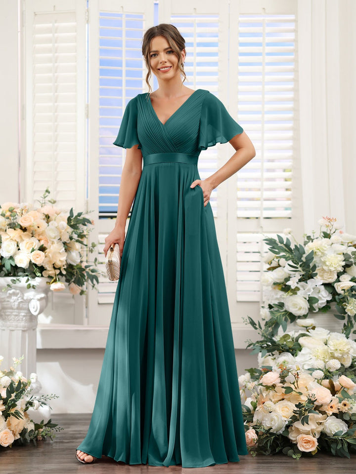 Ligne A/Princesse Col en V Manches Courtes Mousseline Robes de Demoiselle d'Honneur avec Poches