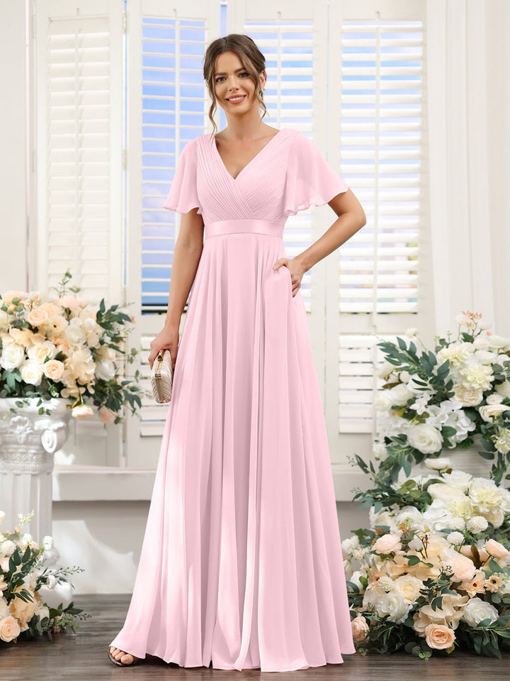 Ligne A/Princesse Col en V Manches Courtes Mousseline Robes de Demoiselle d'Honneur avec Poches