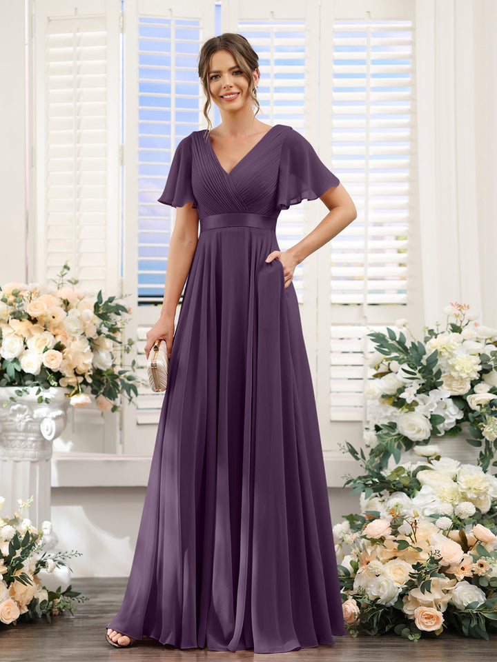 Ligne A/Princesse Col en V Manches Courtes Mousseline Robes de Demoiselle d'Honneur avec Poches