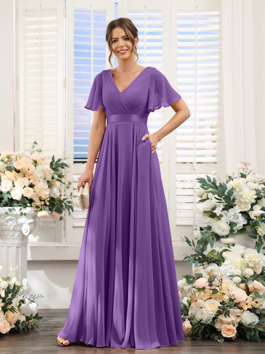 Ligne A/Princesse Col en V Manches Courtes Mousseline Robes de Demoiselle d'Honneur avec Poches
