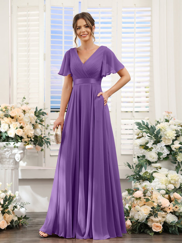 Ligne A/Princesse Col en V Manches Courtes Mousseline Robes de Demoiselle d'Honneur avec Poches