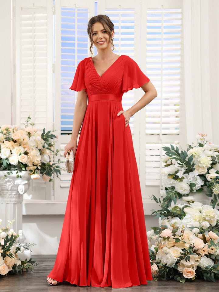 Ligne A/Princesse Col en V Manches Courtes Mousseline Robes de Demoiselle d'Honneur avec Poches