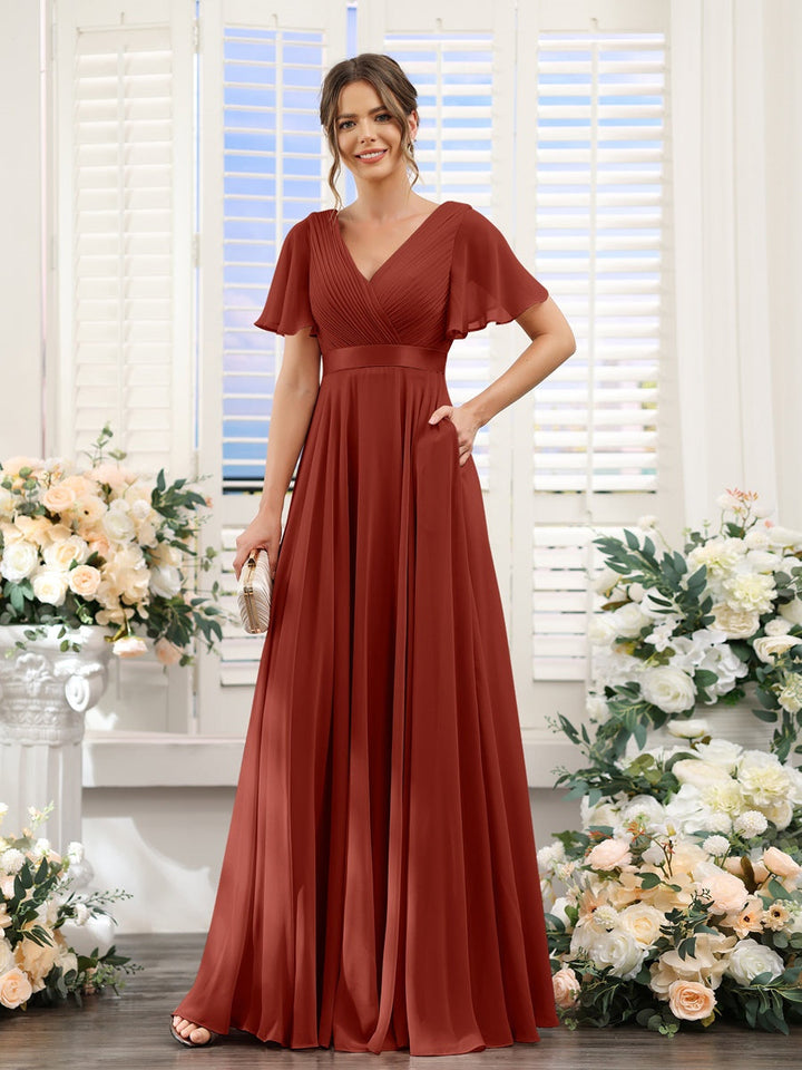 Ligne A/Princesse Col en V Manches Courtes Mousseline Robes de Demoiselle d'Honneur avec Poches