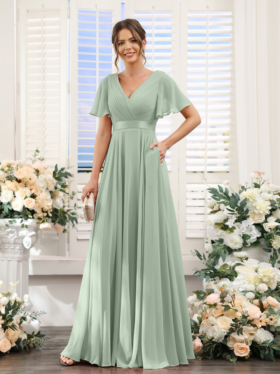 Ligne A/Princesse Col en V Manches Courtes Mousseline Robes de Demoiselle d'Honneur avec Poches