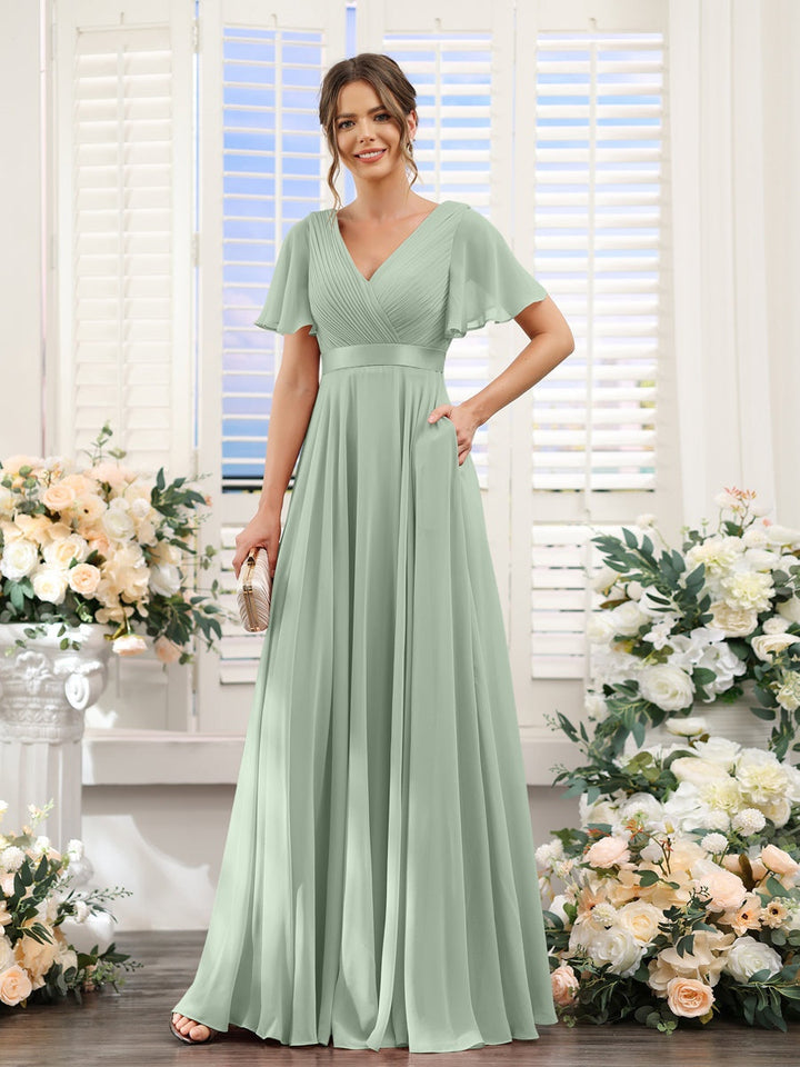 Ligne A/Princesse Col en V Manches Courtes Mousseline Robes de Demoiselle d'Honneur avec Poches