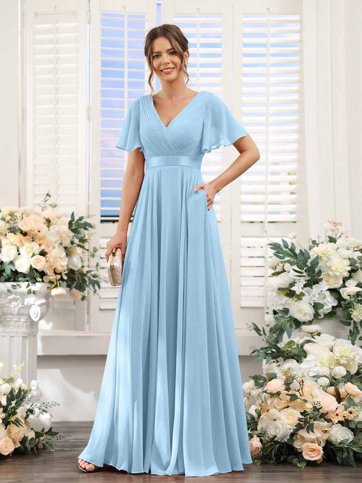 Ligne A/Princesse Col en V Manches Courtes Mousseline Robes de Demoiselle d'Honneur avec Poches