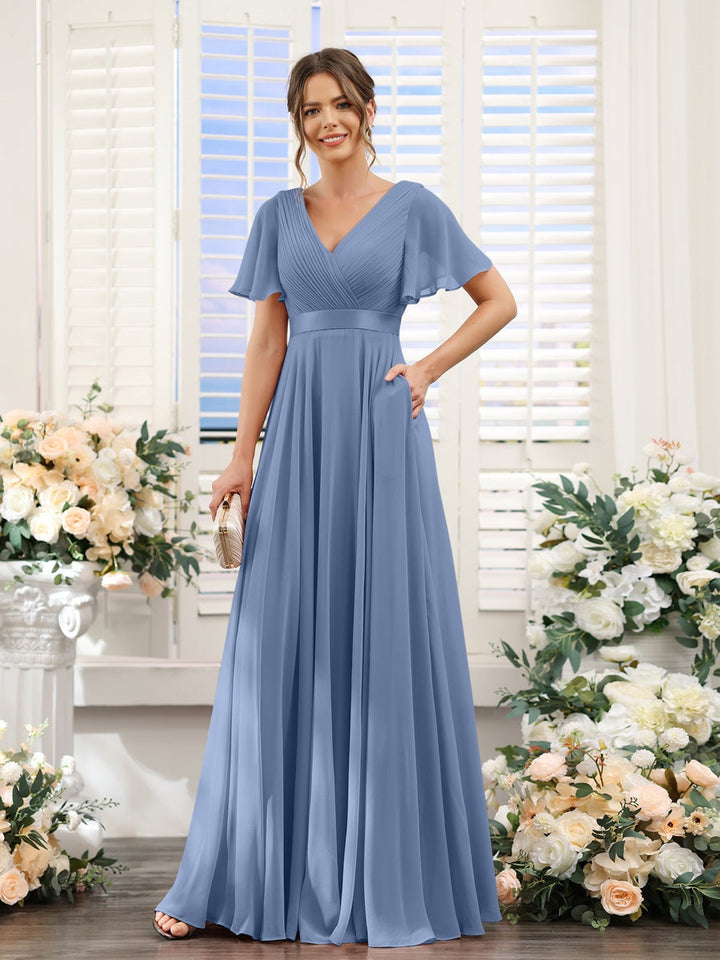Ligne A/Princesse Col en V Manches Courtes Mousseline Robes de Demoiselle d'Honneur avec Poches